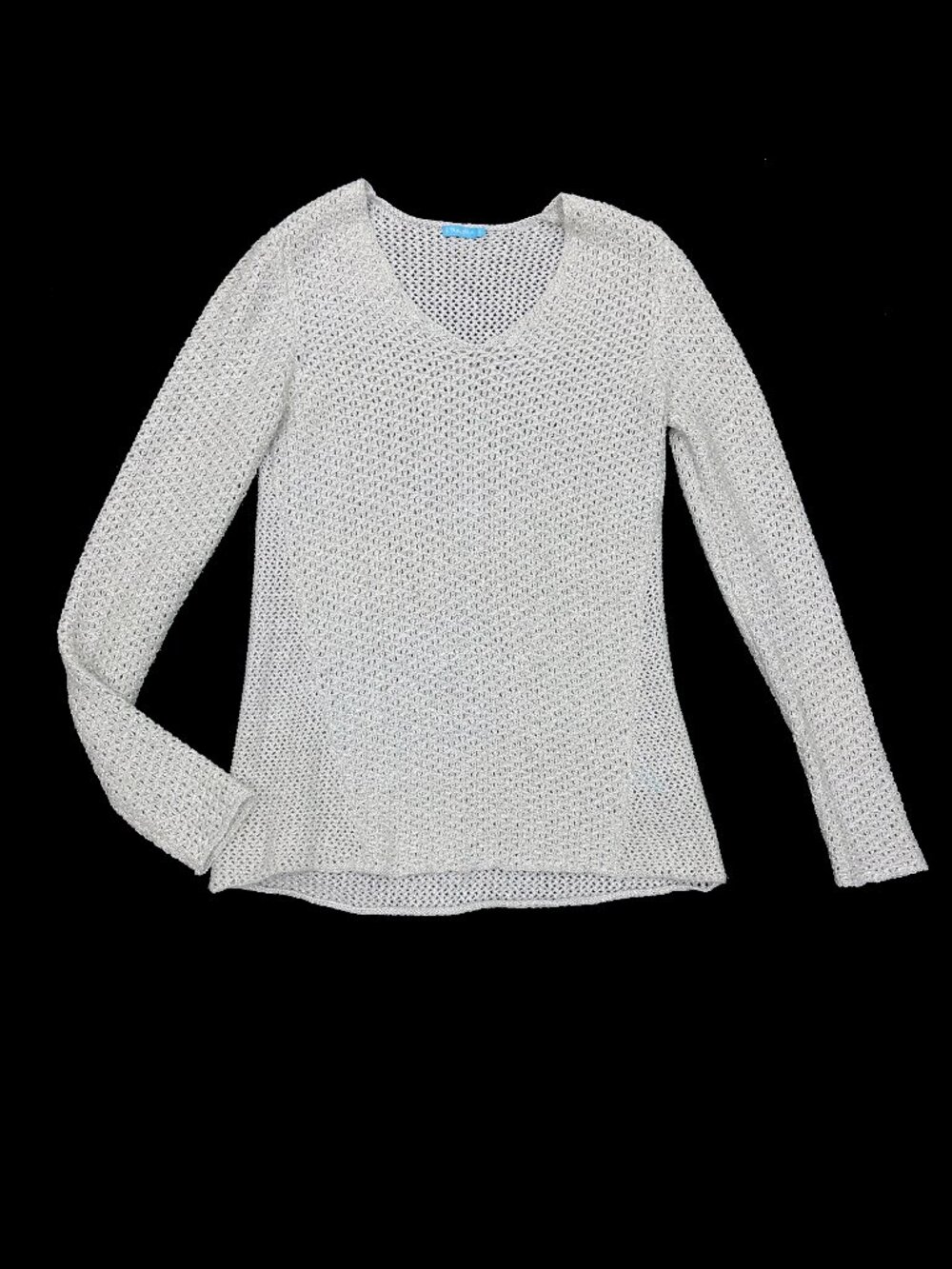 J. McLAUGHLIN Metallic Silver Grey Crochet Open Knit V Neck Sweater Womens S